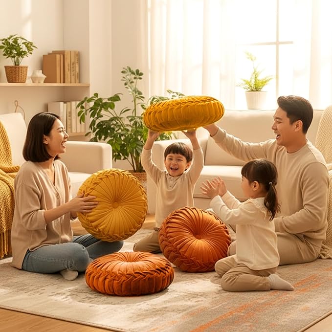 Round Throw Pillows Decorative Pleated Throw Pillows 15'' Diameter Accent Pumpkin Boho Chair Cushion for Couch Sofa Home Decoration(Burnt Orange, Yellow,4 Pcs)