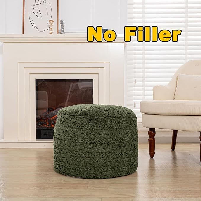 Unstuffed Ottoman Pouf Cover – Round Faux Fur Footstool Plush Floor Pouf (No Filler Included) Perfect for Living Room, Bedroom, or Office Lounge (Green, 26x26x18 in)