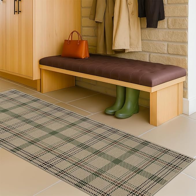 Kitchen Runners Non Skid Washable 6ft - Farmhouse 2x6 Jute Runner Rug for Hallway, Washable Outdoor Carpet for Entryway Indoor, Non Slip Woven Green Plaid Decor