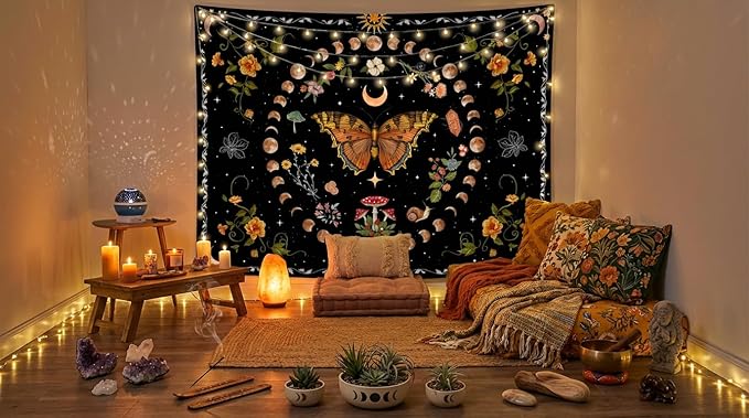 Aipon Orange Butterfly Moon Flower Tapestry Botanical Floral Plant Boho Tapestry for Bedroom Aesthetic Vintage Tapestries Wall Hanging for Living Room Dorm (60.00'' × 80.00'', Orange)