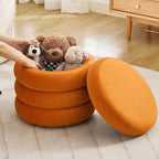 Compact Round Ottoman with Storage, Small Velvet Vanity Stool for Dorm, Modern Tufted Circle Ottoman with Removable Lid for Entryway and Lounge, Orange