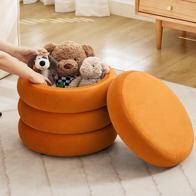 Compact Round Ottoman, Plush Velvet Upholstery Storage Ottoman, Modern Tufted Circle Design with Removable Lid for Lounge, Dorm and Entryway, Orange