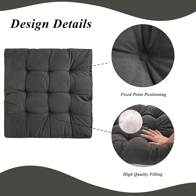 Meditation Floor Pillow 22×22 Inch 2 Pack Large Floor Cushions for Adults Square Tufted Corduroy Floor Pillows for Yoga Living Tatami Room Dark Grey