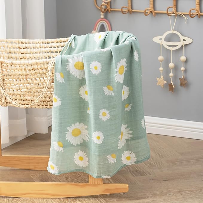 BabyWhale Muslin Swaddle Blanket with Hat and Headband Bow, Daisy Pattern Swaddle Set for Baby Boys & Girls, Soft Receiving Blanket, 47x47 inches, Green