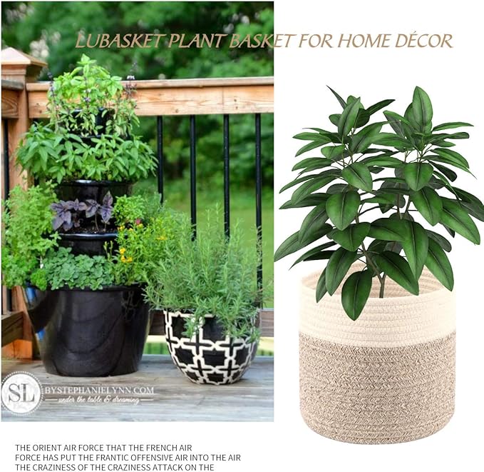 Cotton Rope Plant Basket Modern Woven Basket Pot Indoor Planter Up to 8 Inch Pot Storage Organizer Basket Rustic Home Décor (8.5''x8.5'', Grey&White)