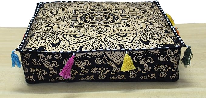ICC Large Square Cotton Mandala Cushion Cover Hippie Ottoman Pouf Cover Daybed Floor Pillow Cover with Heavy Duty Zipper Seating Ottoman Poufs Dog-Pets Bed (Black Gold Flower, 18" Square)