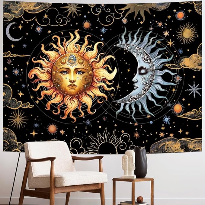Racunbula Sun and Moon Boho Black Golden Tapestry Aesthetic Vintage Mystic Moon Star Cloud Wall Hanging for Bedroom