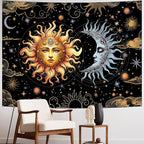Racunbula Sun and Moon Boho Black Golden Tapestry Aesthetic Vintage Mystic Moon Star Cloud Wall Hanging for Bedroom