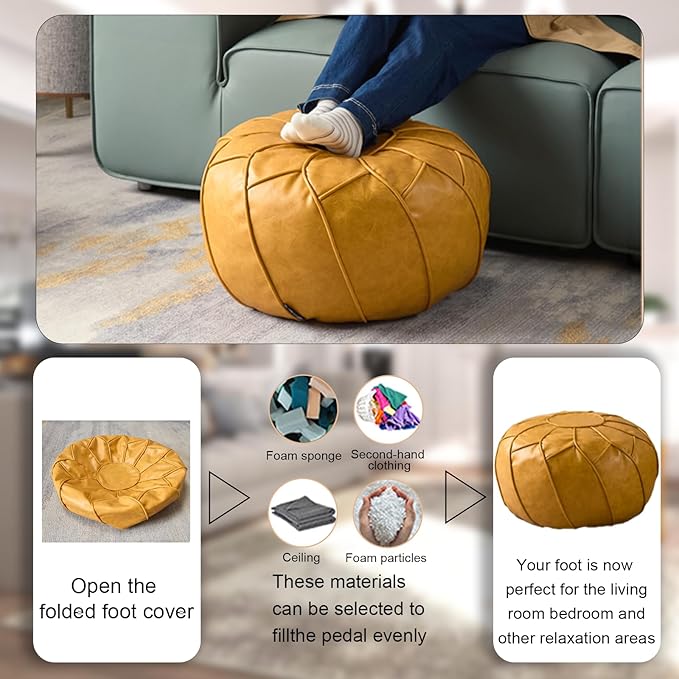 Louis Donné Moroccan Pouf Cover Unstuffed Waterproof Faux Leather Ottoman Foot Rest, Round Storage Bean Bag Chair for Stuffed Animals, Boho Floor Cushion for Living Room Patio, (Yellow)
