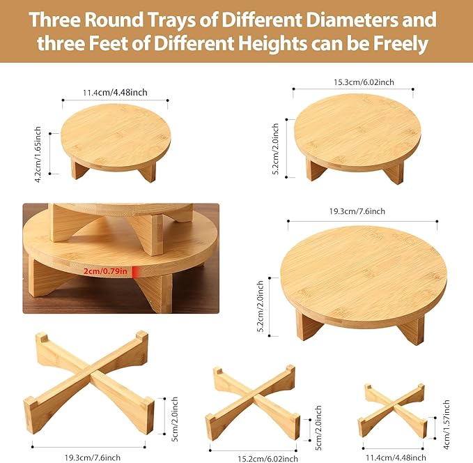 3-Piece Round Wooden Plant Stand Set - Indoor/Outdoor Modern Flower Pot Holder, Decorative Wood Riser for Plants, Small Planter Tray, Mini Wooden Stool Display Stand (Pot & Plant Not Included)