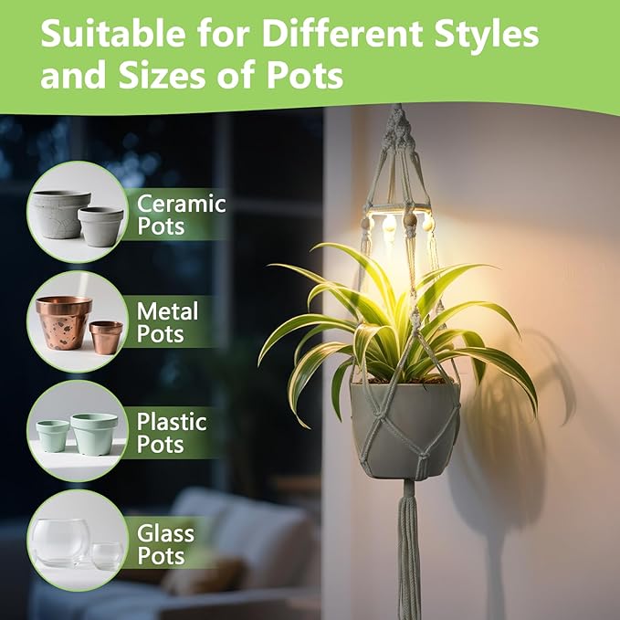 2 Pack Macrame Plant Hanger with Grow Light: Sturdy Hanging Planters for Indoor Plants, Cute Plant Holder with Plant Light, Perfect for Different Size Pots (Daylight Spectrum)