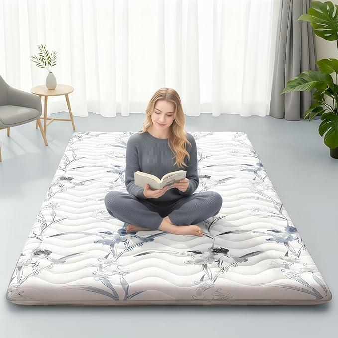 Japanese Floor Mattress, 3.5" Thicken Ink Wash Floral Pattern Portable Futon Mattress, 100% High-Density Foam Tatami Mat Sleeping Pad for Camping Guest Room Dormitory RV, White, Queen