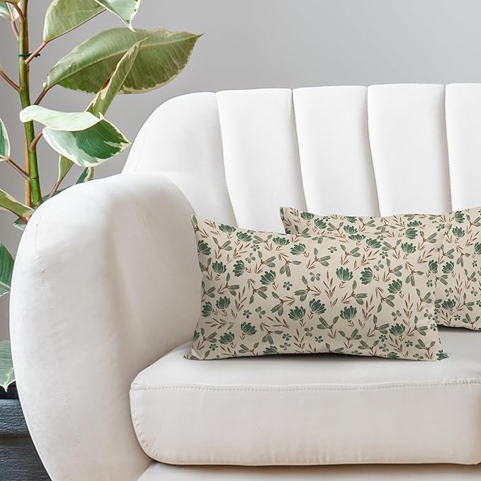 Brown Green Floral Pillow Covers 12x20 Set of 2 Vintage Rustic Old Style Cute Small Flower Print Rectangle Decorative Outdoor Pillowcases Farmhouse Throw Cushion Case Decor for Couch Sofa Bed
