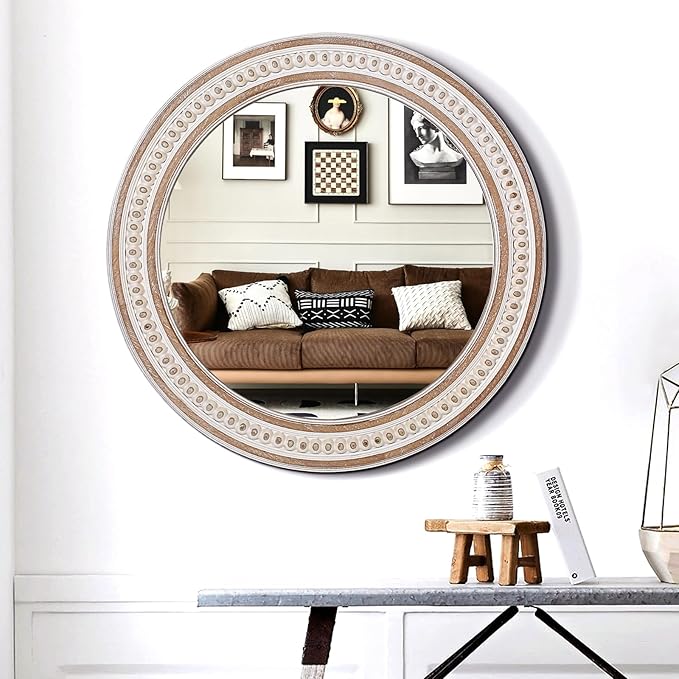 30 Inches Farmhouse Large Round Wall Mirrors Wooden, Rustic Decorative Circle Mirror for Bathroom Over Sink, Bedroom, Living Room, Entryway