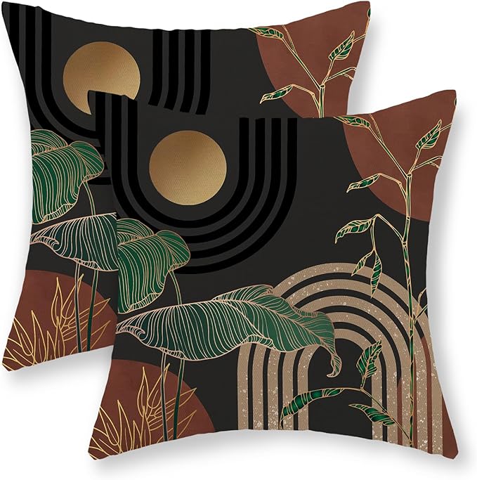 Boho Grey Rust Brown Pillow Covers 18x18 Set of 2 Gold Green Leaf Tropical Mid Century Throw Pillows Outdoor Bohemian Modern Decorative Pillowcase Farmhouse Cushion Case for Couch Sofa Decor