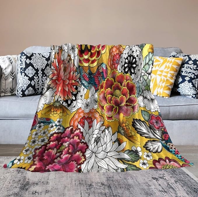 Boho Floral Throw Blanket Bohemian Colorful Flowers Print Mandala Blanket for Sofa Bed Couch Chair Or Dorm 70"x80"