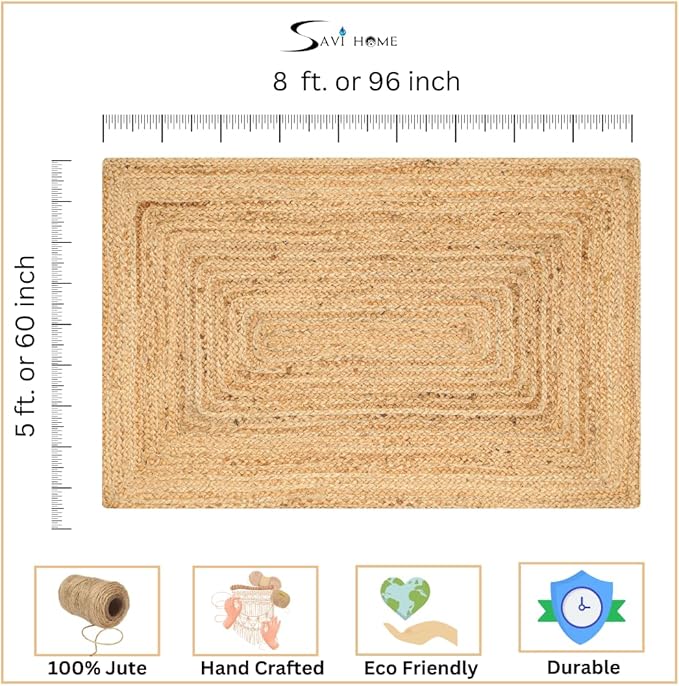 Hand Woven Farmhouse Jute Area Rug 5x8 Ft Rectuangler Natural Yarn, Rustic Vintage Beige Braided Reversible Rug, Eco Friendly Rugs for Bedroom, Kitchen, Living Room, Farmhouse 100% Jute Rug - Natural