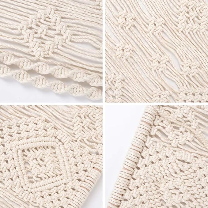 Macrame Wall Hanging Shelf, Handmade Indoor Boho Pot Basket Hanger Holder, Rope Plant Hanger for Wall Decor (White)