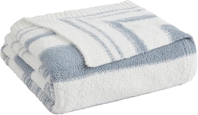 WRENGONGE Grey Blue Throw Blanket, 60x80 Soft Cozy Striped Throw Blankets for Couch, Sofa, Bed, Travel, Lightweight Fluffy Warm Plush Decorative Blankets for Women, Men Gift
