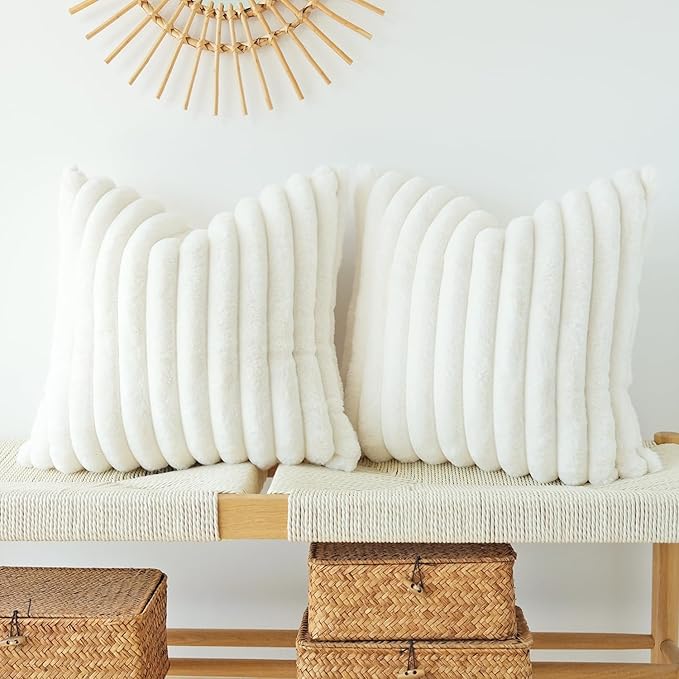JOJUSIS Pack of 2 Faux Fur Plush Decorative Throw Pillow Covers Couch Cushion Case Soft Pillowcases (White, 22 x 22-Inch)