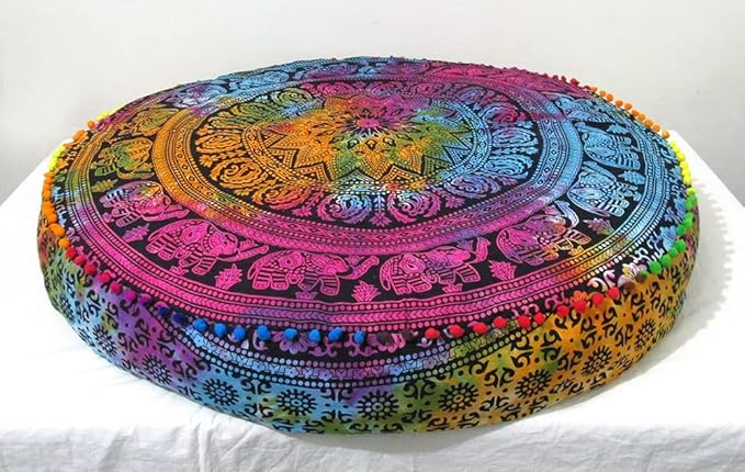 CRAFT KALA Mandala Floor Pillow Cushion Cover Seating Throw Cover Hippie Decorative Bohemian Ottoman Poufs Pom Pom Pillow Cases Boho Indian Cotton Living Room Yoga Home Décor 35" Round, Multi Elephant