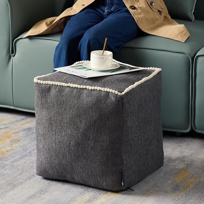 Louis Donné Unstuffed Storage Pouf Ottoman Cover - Square Cotton Linen Footstool Chair for Living Room Nursery, DIY Bean Bag for Stuffed Animal Storage, 18 x 18 Inch, Cover ONLY