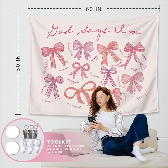 LIANGW Coquette Pink Bow Christian Tapestry Wall Hanging, Preppy Room Decor, God Says I am Christian Verse Wall Blanket Decor for Girls Room Dorm Apartment, 50x60 Inch