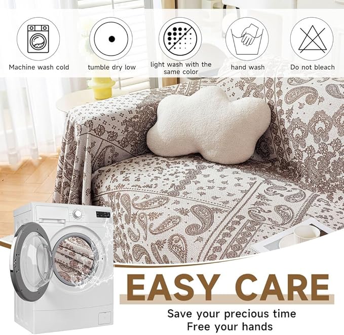 ROOMLIFE Brown Couch Covers for Sofa, Sofa Covers Washable Non Slip Furniture Protector Couch Sofa Covers for 3 Cushion Couch, Breathable Sofa Slipcovers Couch Cover Blanket with Tassels 71" X 134"