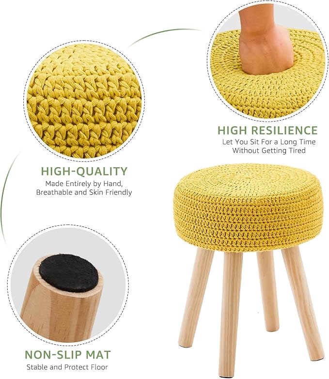 Wimarsbon Pouf Ottoman, 100% Cotton Knitted Boho Footstool, Round Footrest with Non-Skid Wood Legs, Home Décor Handmade Pouffe, Leisure Floor Step Stool for Living Room (Long Leg - Yellow)