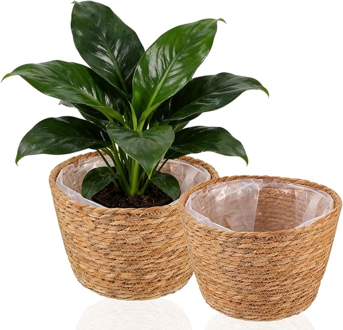 2PCS Seagrass Plant Basket for Indoor and Outdoor,Rattan Large Planter Basket with Liner for 6 inch Pot,Wicker Plant Pot Covers for Potted Plants,Woven Storage Baskets for Rustic Boho Farmhouse Decor