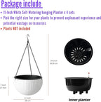LaLaGreen Hanging Planters for Indoor Plants (11 Inch, 4 Pack) White Rattan Style Self-Watering Hanging Flower Pots with Water Level Indicator, Round Baskets Metal Chain for Balcony Patio Garden Decor