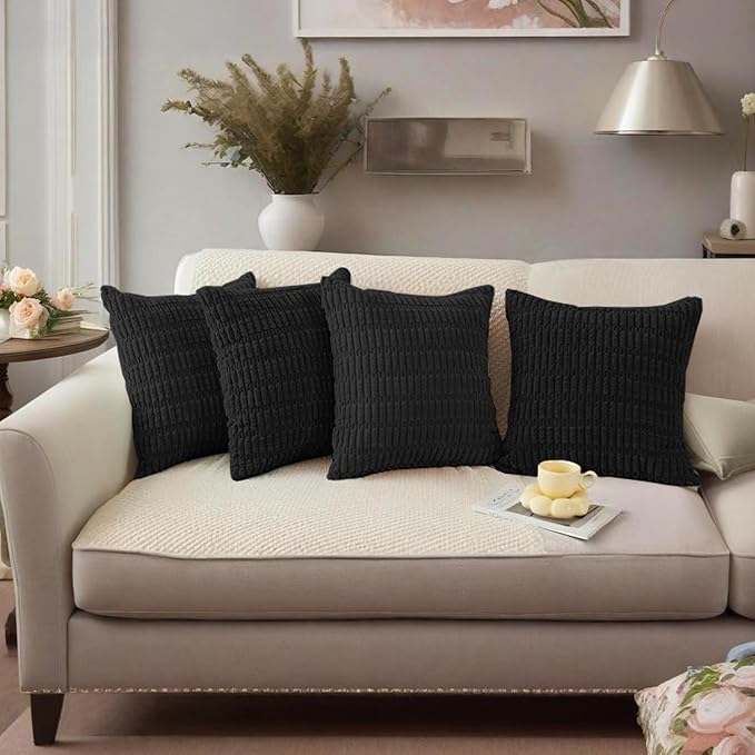 4 Pack Black Corduroy Decorative Boho Couch Throw Pillow Covers 18x18 Inch for Sofa Living Room Bedroom Home Decor