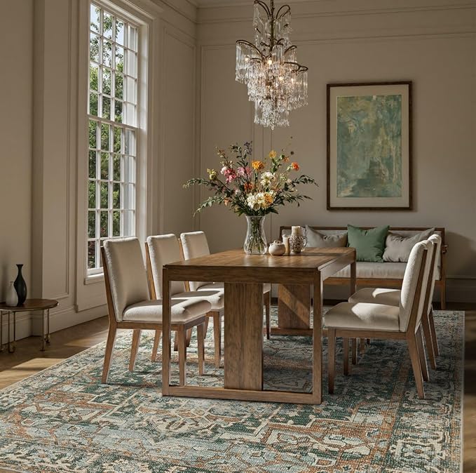 8x10 Area Rugs for Living Room Bedroom, Large Washable Rug, Green Vintage Retro Boho Rug, Non Slip & Low Pile Faux Wool Thin Carpet for Indoor Dining Room and Kids Room(Green/Brown 8x10ft)