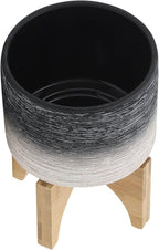 Modern Ceramic Planter with Wooden Stand – Stoneware Plant Pot Holder, Stylish Indoor & Outdoor Home Decor for Living Room, Bedroom, Office, or Garden, Plant Stand Indoor – 6", Gray & White