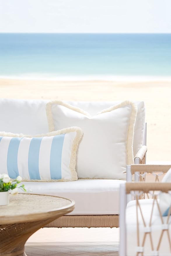 Hofdeco Premium Coastal Patio Indoor Outdoor Pillow Cover Only, 20"x20" Water Resistant for Backyard, Couch, Solid White Fringe