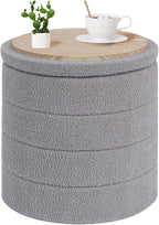 PINPLUS Round Storage Ottoman Foot Rest Stool with Tray Velvet Sherpa Folding Storage Ottoman,Boucle Foot Rest for Living Room, Bedroom, Dorm, Dorm,Grey Color