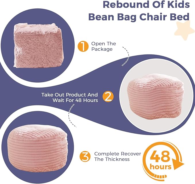 MAXYOYO Kids Bean Bag Chair Bed, Convertible Children Chair to Floor Mattress with Filler, Faux Fur Bean Bag Bed Stuffed Child Sofa Couch for Girl Boy Sleeping, Machine Washable Cover, Pink