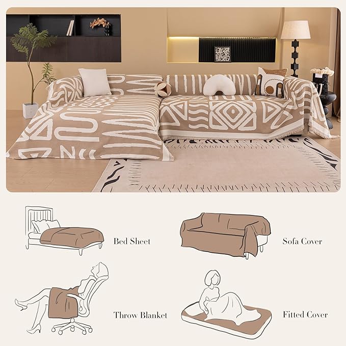 Boho Couch Cover Blanket for Sofa, Boho Chenille Sofas Cover Blanket, Boho Sofa Throw Cover, Chenille Blanket Couch Throw Covers for Recliner Couch Cover Pet Friendly Washable(Khaki, 71"x 71")