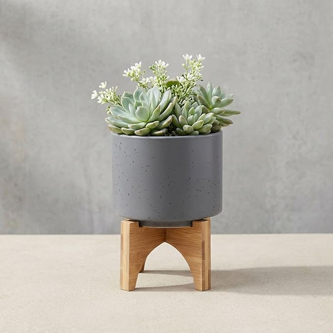 Ceramic Planter With Stand Indoor Plant Stand – Elevated Plant Stand For Displaying Greenery, Living Room, Bedroom, Office, Or Patio, Minimalist Garden Accent For Home Decor – 7", Gray