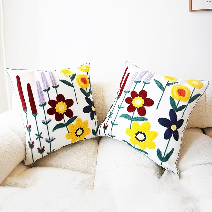 Embroidered Throw Pillow Cover Boho Floral Pillow Covers for Couch Sofa Botanical Leaves Cotton Linen Bohemian Pillow Covers 3D Big Flowers Multicolor 2PCS Pillowcase Covers 18x18 Inch