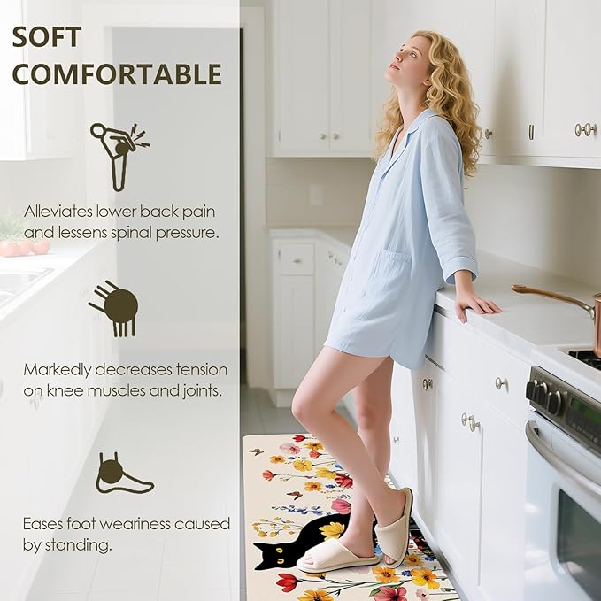 Cat Rugs for Kitchen Floor, Anti Fatigue Mats for Kitchen Floor Non Slip, 2PCS Rubber Kitchen Mat, Washable Cushioned Carpet Rug for Sink Laundry Gifts for Christmas 15.7"×27.5" +15.7"×47" 3.5mm