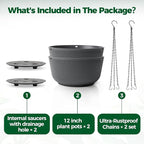 T4U 12 Inch Large Hanging Planters for Outdoor Plants, 2 Pack Self Watering Pots Indoor, Hanging Baskets for Plants,Hanging Flower Pot with Drainage Hole and Plant Hanger, Grey