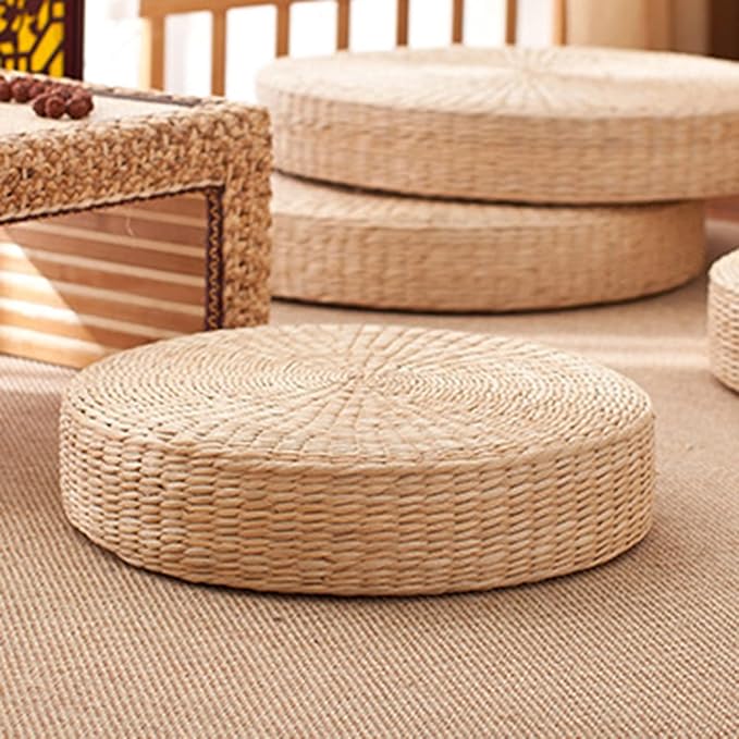 Comfortable Round Seat Cushion, Natural Straw Pouf Tatami Floor Pouf, Meditation Cushion 45cm
