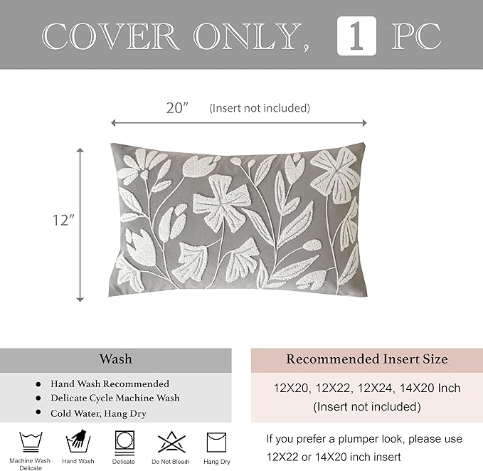 BlissBlush 12x20 Lumbar Pillow Cover, Rectangular Light Gray Decorative Throw Pillowcase for Couch Sofa, Embroidered Velvet Farmhouse Accent Cushion (Cover Only)
