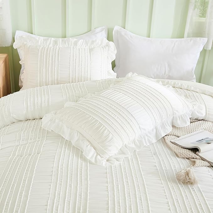 WONGS BEDDING White Comforter Set Twin, 3 Pieces Ruffle Shabby Chic Comforter for Dorm Room Essentials for Twin Bed, Soft Seersucker Bedding Set with 1 Ruffle Comforter, 2 Tufted Pillowcases 86"×68"