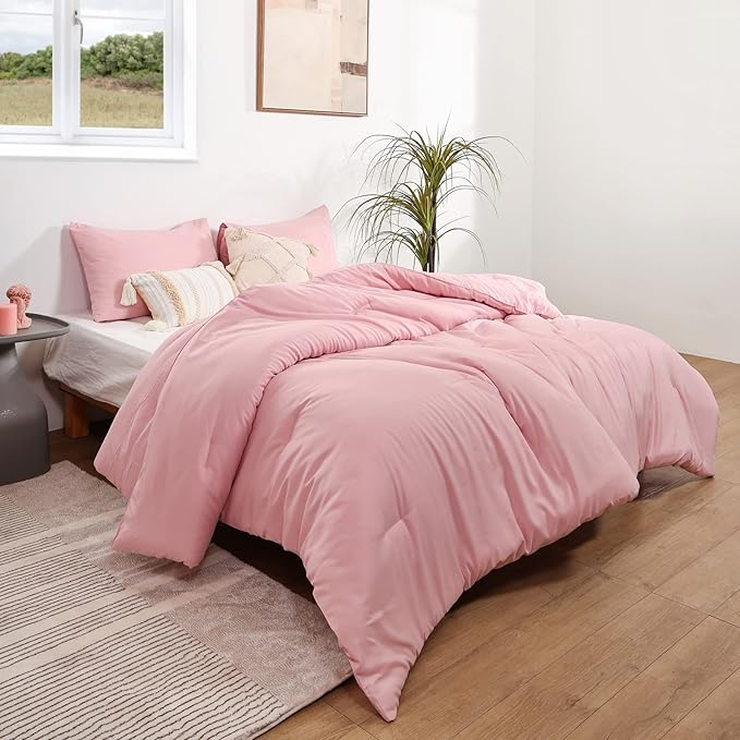 ROSGONIA Full Size Comforter Sets for Girls Boys Teens Pink, 3pcs (1 Boho Comforter & 2 Pillowcases), Lightweight Dorm Bedding Soft All Season Bed Set