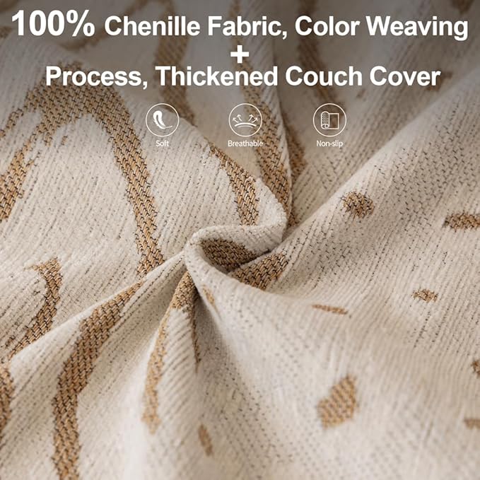 ROOMLIFE Boho Khaki Couch Covers for 3 Cushion Sofa, Chenille Couch Cover Sectional Sofa Cover for Dog, Washable Furniture Sofa Protector Cover Soft Blanket with Tassel for Living Room, 71 '' X 134''