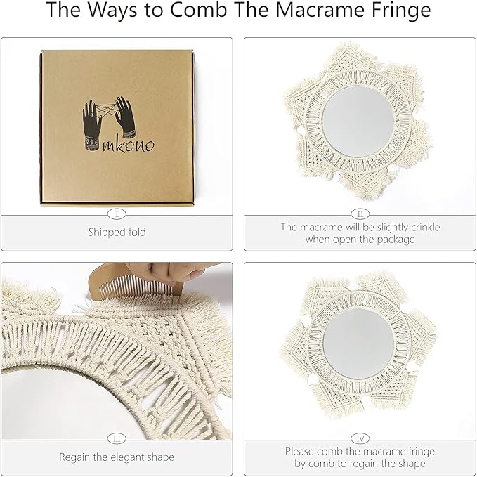 Mkono Boho Wall Mirror Decor Round Macrame Hanging Wall Art Decoration for Bedroom Nursery Living Room Apartment Office Entryways Home, Teen Girl Mothers Gift, Ivory