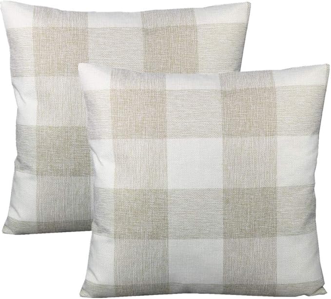 VAKADO 16x16 Set of 2 Farmhouse Buffalo Plaids Decorative Throw Pillow Covers Retro Rustic Checkers Square Cushion Cases Home Decor Outdoor for Sofa Couch Patio, Beige Cream White