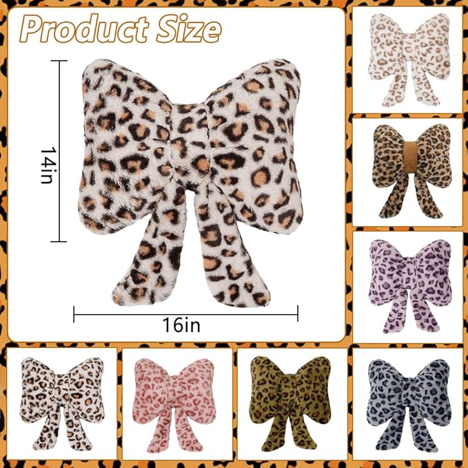 Leopard Print Throw Pillow Furry Bow Plush Pillows Cute Flower Plush Pillow Cheetah Home Decor Stuffed Bow Lumbar Pillow for Bed Couch Living Room Decor (White-B, 16in)